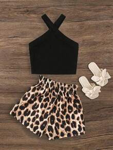 SHEIN 年轻女孩休闲日常时尚黑色针织交叉吊带背心和豹纹短裤套装 - 黑色 - 查看 1