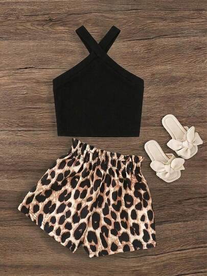 SHEIN 年轻女孩休闲日常时尚黑色针织交叉吊带背心和豹纹短裤套装