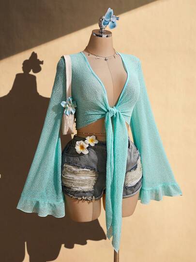 SHEIN ICON 大码女式休闲度假简约纯色深V领荷叶边袖前系带短款上衣，春夏款