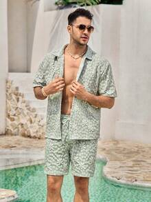 Men's Mint Green Botanical Collar Short Sleeve Woven Loose Fit Shirt Set, Casual, Button Front, Drawstring, Pocket, Summer/Spring/Fall, Matching Set Gift For Father/ Husband - Mint Green - View 5