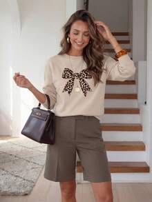 Easowa Women's Casual Leopard Print Bow Graphic Round Neck Loose Fit Long Sleeve Sweatshirt,Casual - Multicolor - View 1