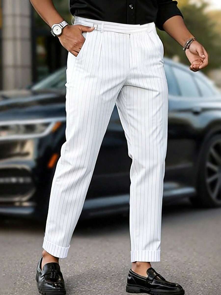 Manfinity Bizformal 男士锥形裤，腰部搭扣设计，条纹垂褶面料，商务休闲裤，修身复古时尚长裤，适合父亲、丈夫、男友，春季穿着 - 白色 - 查看 1