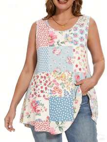 SHEIN LUNE 女士加大码宽松背心，休闲拼接图案背心，舒适打造轻松度假造型。 - 彩色 - 查看 1