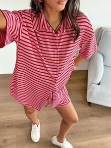 SHEIN 2件套孕妇休闲条纹纽扣前开襟T恤和短裤套装，夏季 - 紅色 - 查看 5