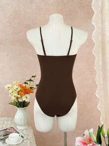 Swim Chiccia 1pc Women's Solid Color Fabric Detachable Strap Green Bead Decor High Neck Elegant Sexy One-Piece Swimsuit - Coffee Brown - View 2