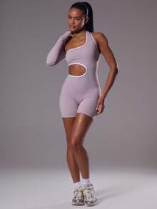 Musera Sport 撞色镂空不对称长袖运动连体衣，适合健身、运动、普拉提、日常休闲穿着，芙蓉花色 - 紫色 - 查看 5