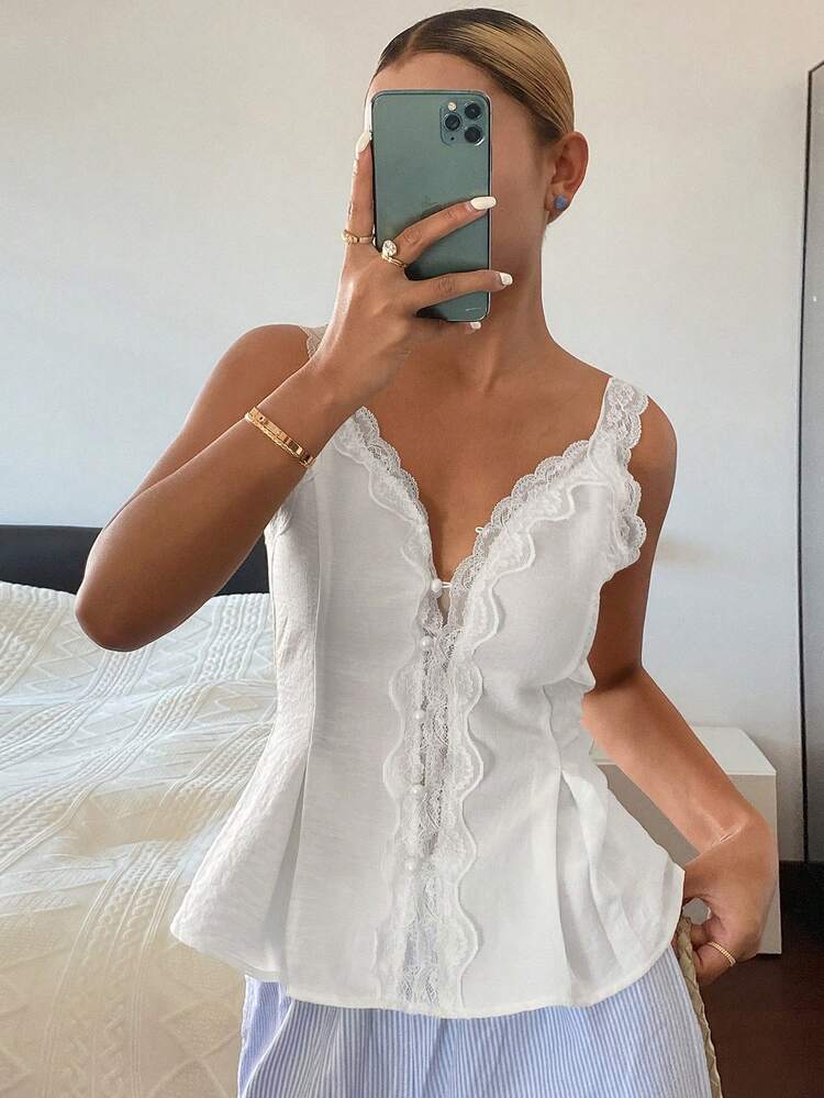 Women's Contrast Lace Tie-Waist Flared Hem Elegant Summer Vacation Camisole Top Babydoll Top