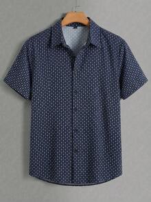 KRYTIVO 大码男士几何印花短袖休闲宽松衬衫，夏季，基本款工作领衬衫 - 寶藍色 - 查看 2