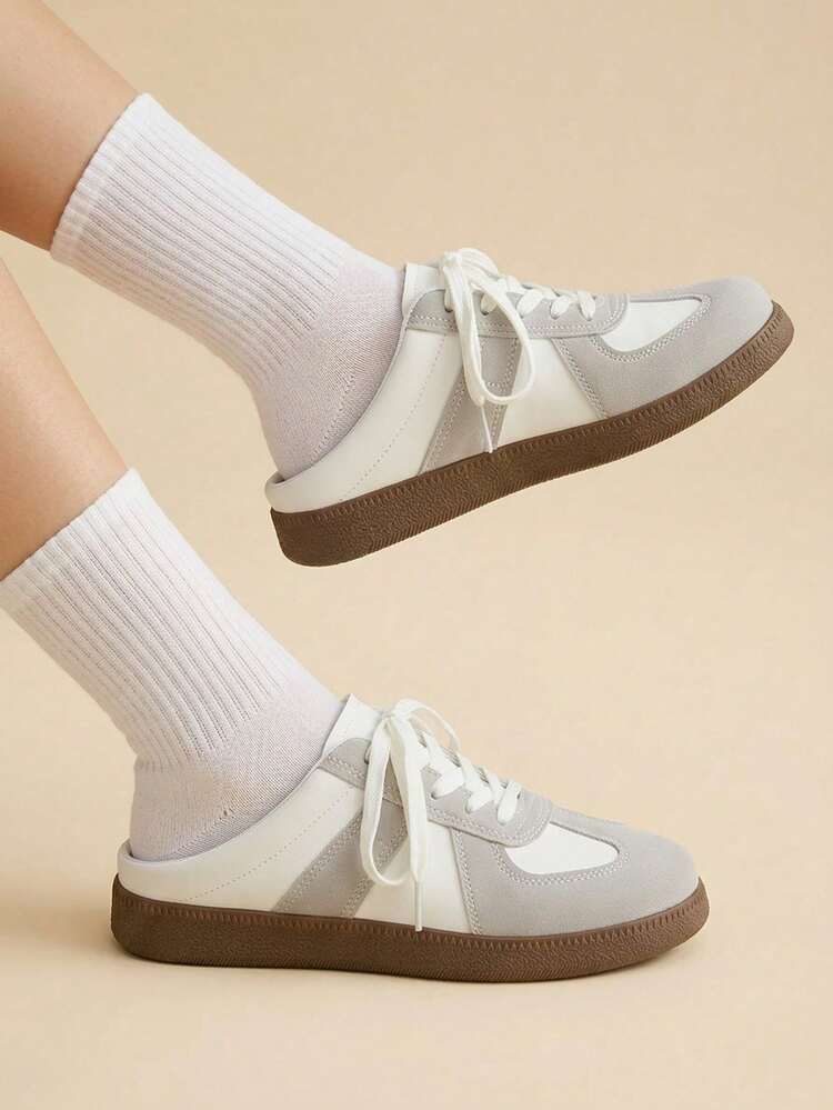 CUCCOO EASI Women's Lace-Up Splicing Round Toe Flat-Bottomed Casual Sneakers Slippers Comfortable Daily Outdoor Casual PU Leather Gray White Casual Sneakers Daily Outdoor