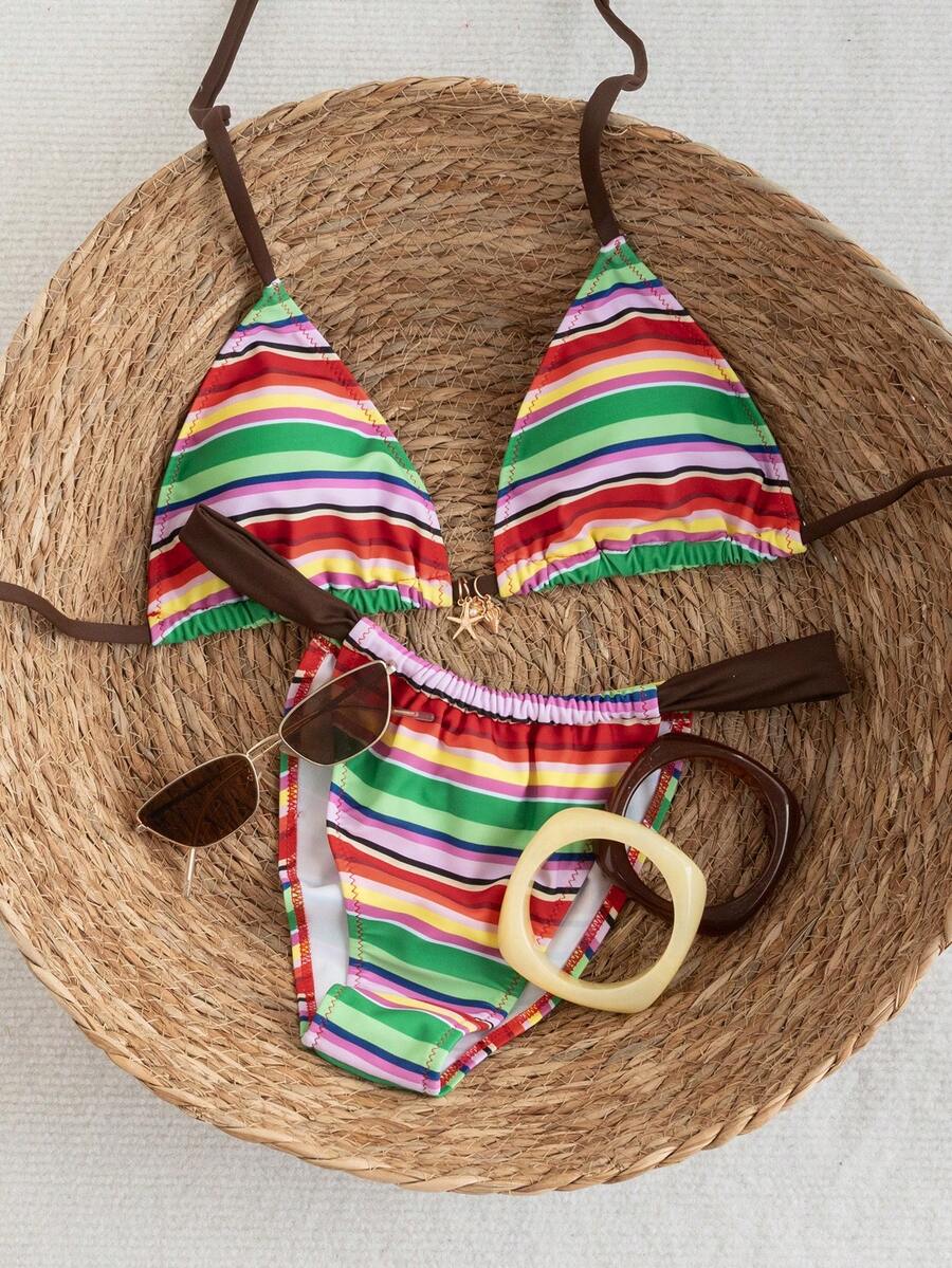 Swim Mod 2pcs/Set Women's Summer Beach Vacation Swimsuit, Cute Random Floral & Stripe Print Triangle Top With Tie And Bikini Bottom, Ladies Swimwear Set - Multicolor - View 1