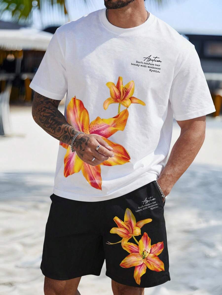 Manfinity RSRT 花卉印花度假T恤套装，男女通用 - 白色 - 查看 1