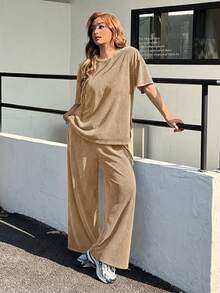 Muchica Plus Size Distressed Acid Wash Khaki Snowflake Print Loose T-Shirt + Wide Leg Pants 2 Pieces Cotton Suit Set, Spring/Summer - Khaki - View 5