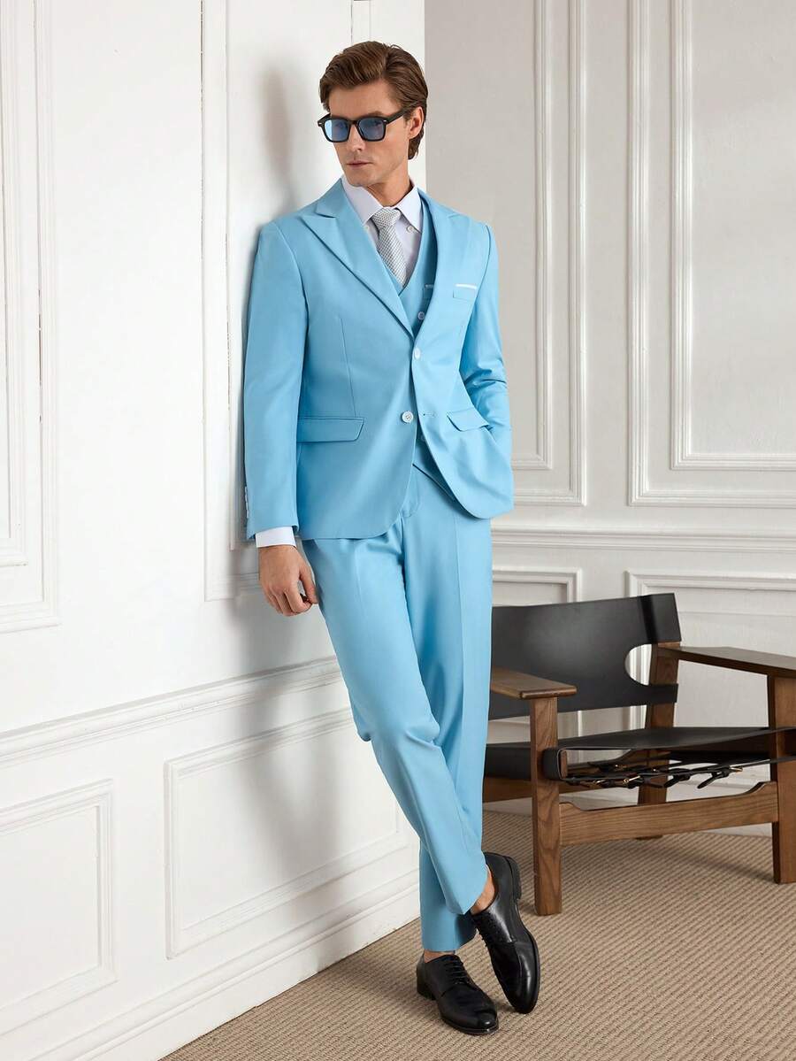 Officeau 新款高品质男士商务西装，新郎婚礼正装，纯色双排扣燕尾服，时尚金色纽扣西装外套，欧码 2XL 3XL - 淺藍色 - 查看 1