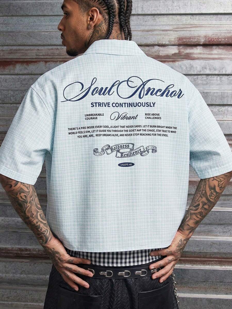 AXEPEAK Men's Casual Plaid Slogan Print Shirt, Summer Shirts For Men Graphic Shirt For Men Casual Shirts For Men Casual Plaid Shirt Men Graphic Short Sleeve Shirt - Multicolor - View 1