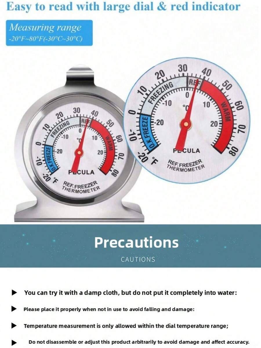 1Pc Stainless Steel Large Dial Refrigerator Thermometer, -20°C~20°C/-20°F~80°F, Battery Free, Non-Contact, Easy To Read Refrigerator And Freezer Temperature, Suitable For Refrigerators And Freezers - Multicolor - View 1