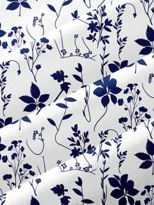 SHEIN VCAY Áo sơ mi cổ chữ V cỡ lớn in họa tiết hoa xanh trắng, thích hợp cho mùa hè. - trắng - Xem 7