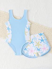 SHEIN Baju Renang Terusan dan Celana Pendek Motif Bintang Laut untuk Anak Perempuan, Pakaian Pantai Anak untuk Musim Panas, Pantai, Liburan, Pesta Kolam Renang, Baju Renang Tankini - Baby Blue - View 3