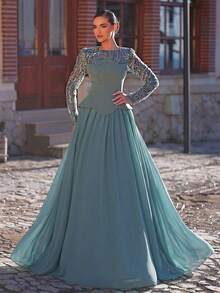 Aureia Vestido Longo Elegante e Luxuoso de Chifom com Remendos de Tricô Elástico Transparente com Contas Azul-Cinza Feito à Mão, Adequado para Encontros, Férias, Formatura, Casamentos, Festas de Solteiros, Galas e Eventos Formais - Azul - Visão 2