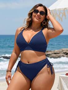 SHEIN Swim Vcay 大码纯色纹理面料可调节肩带比基尼套装 大码泳衣 比基尼上衣 女士比基尼套装 大码比基尼套装 女士大码泳装 - 藏蓝色 - 查看 5