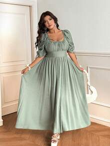 Vionelle Summer Square Neck Tie Cuff Cinched Waist Petal Sleeve A-Line Long Dress For Women - Green - View 1