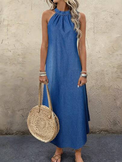 EMERY ROSE Women's Solid Color Casual Vacation Sleeveless Denim Dress