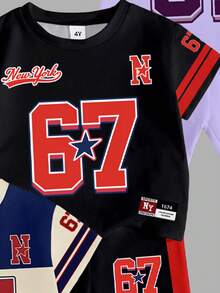 6 pièces/set Style sportif rétro / style de rue pour jeune fille. Numéro 67 + Impression de lettre New York + T-shirt à manches courtes avec rayures contrastées + Short, 3 pièces. Doux, combinaison polyvalente multicolore, convient pour le port quotidien, l'école, les sports, les sorties décontractées, la Fête des enfants, le printemps/été/automne - Multicolore - Voir 4