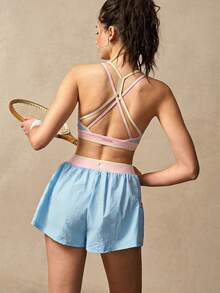 VARSIVA Blue Palette Ss. Women's Sports Bra With Contrasting Blue, Pink, And Yellow Colors; Women's Sports Bra With Criss-Cross Back Straps. Suitable For Fitness Activities, Tennis, Pilates, Yoga, Running, And Everyday Wear, Perfect For Spring, Summer, And Autumn. Looks Of Party .Vanilla Style - Multicolor - View 9