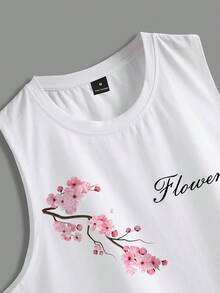 Manfinity Joysei Men's Casual Vacation & Commute Cherry Blossom Letter Print Tank Top And Drawstring Waist Shorts Set, Summer - Multicolor - View 3