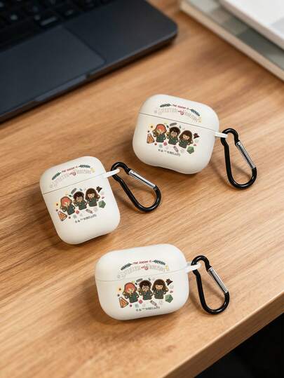 HARRY POTTER X SHEIN Beige Soft Frosted Wireless Earbud Case, Printed With Wizarding World Characters (Harry, Ron, Hermione) And "THE SEASON IS SWEETER WITH FRIENDS" Text, Comes With A Black Hook - Ideal For Wizarding World Fans In Daily Life. Compatible With Wireless Earbuds, Compatible With Wireless Earbuds Pro 3 Case, Compatible With Wireless Earbuds 4 Case