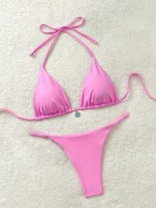 Soleia Bộ bikini buộc dây cổ trước màu trơn dành cho nữ - Hồng - Xem 5