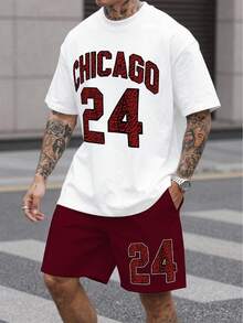 Manfinity LEGND Men's White & Red Contrast Chicago 24 Number, Distressed Texture Print T-Shirt Set, American Sporty Casual Style, Suitable For Daily Wear, Summer - Multicolor - View 1