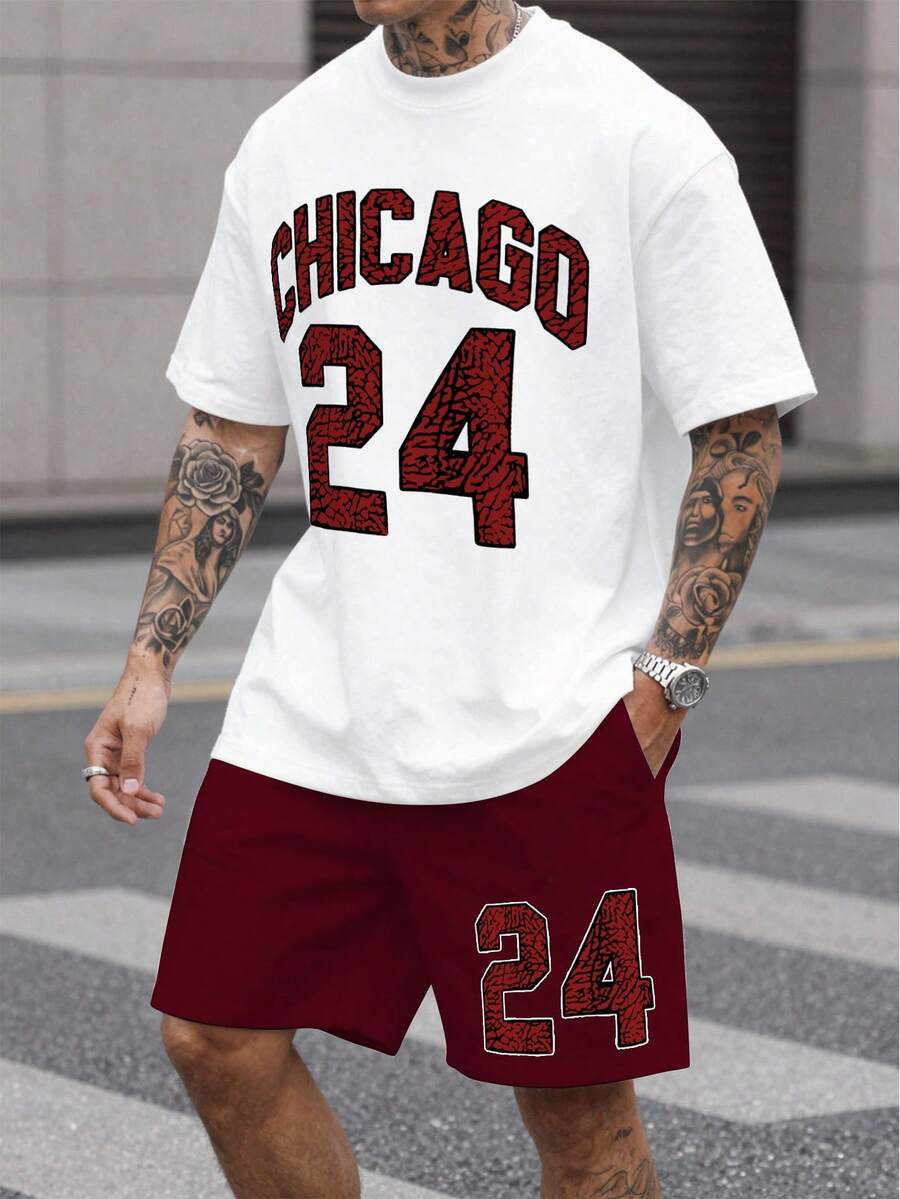 Manfinity LEGND Men's White & Red Contrast Chicago 24 Number, Distressed Texture Print T-Shirt Set, American Sporty Casual Style, Suitable For Daily Wear, Summer - Multicolor - View 1