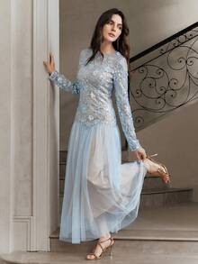 Anewsta Elegant Silver Floral Mesh Sequin Long Sleeve Dress, Suitable For Formal Events And Dates - Silver - View 6