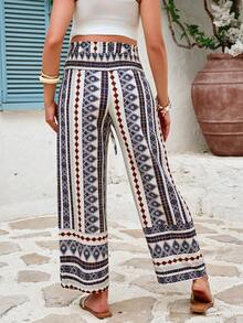 SHEIN 孕妇几何印花抽绳腰荷叶边阔腿裤 - 彩色 - 查看 2