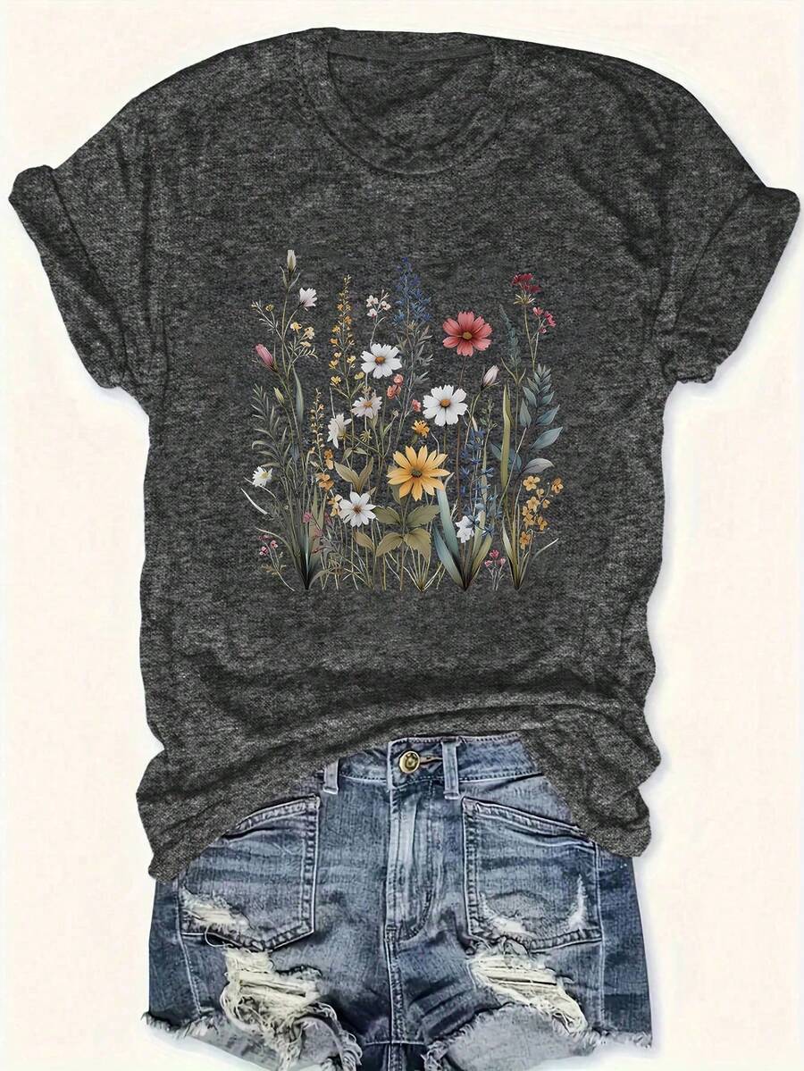 EMERY ROSE MERY ROSE Floral Pattern&Wear Comfortably&Round Neck T-Shirt&Summer&Spring,Women's Clothing Graphic Tees Women Tops - Dark Grey - View 1
