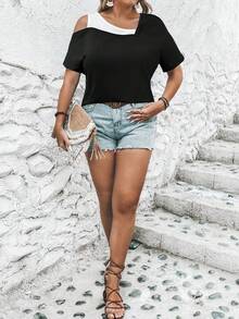 EMERY ROSE Plus Size Summer Casual Colorblock Asymmetric Collar T-Shirt - Black - View 3