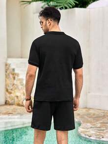 Mercer Haus Men's Summer Casual Solid Color Textured Fabric Half Zip Short Sleeve Polo Shirt & Shorts Set , Suitable For Summer Tropical Holiday Vacation In Hawaii. - Black - View 2