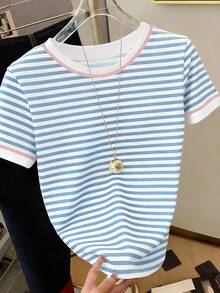 Resyla Áo thun nữ kẻ sọc xanh-trắng-đỏ cổ điển, hoàn hảo cho mùa hè, đi làm hàng ngày, quà tặng ngày lễ, thời trang, áo thun sành điệu, áo thun đẹp, quà tặng anh chị em, quà tặng chị gái, quà tặng mẹ, quà tặng Ngày của Mẹ, áo kiểu giản dị nhưng vẫn thời trang. - Màu xanh nhạt - Xem 1