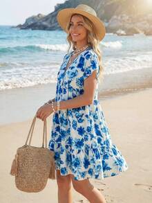 Sylviya 女士休闲蓝白碎花连衣裙，适合海滩度假夏季穿着，女士度假装，女士夏季连衣裙，女士夏季服装，夏季连衣裙，女士夏季连衣裙，女士休闲碎花连衣裙，女士度假连衣裙，沙滩连衣裙，女士休闲连衣裙，荷叶边连衣裙 - 彩色 - 查看 5