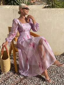 DAZY 女士方领收腰长袖连衣裙，通体印花 - 彩色 - 查看 1