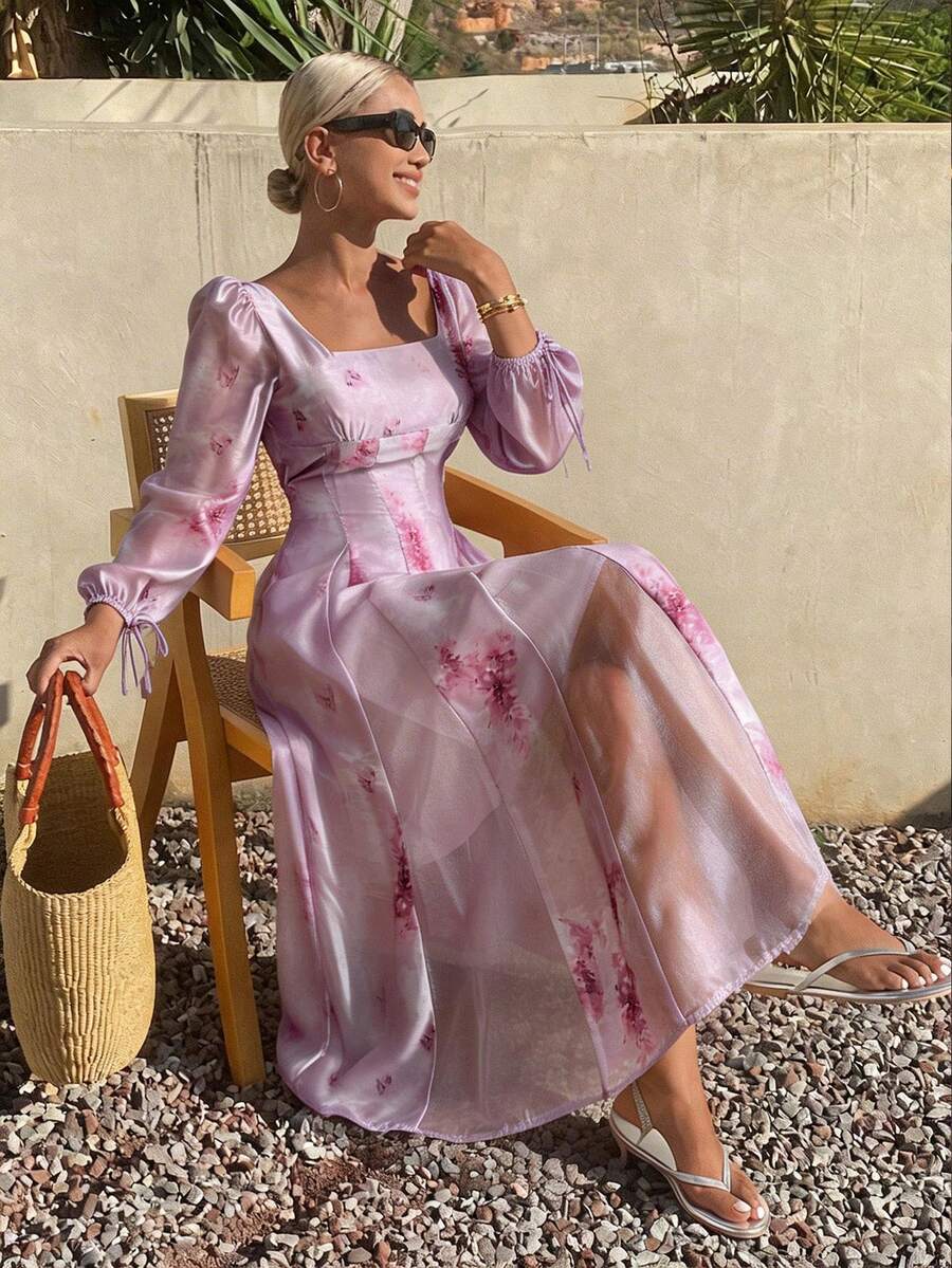 DAZY 女士方领收腰长袖连衣裙，通体印花 - 彩色 - 查看 1