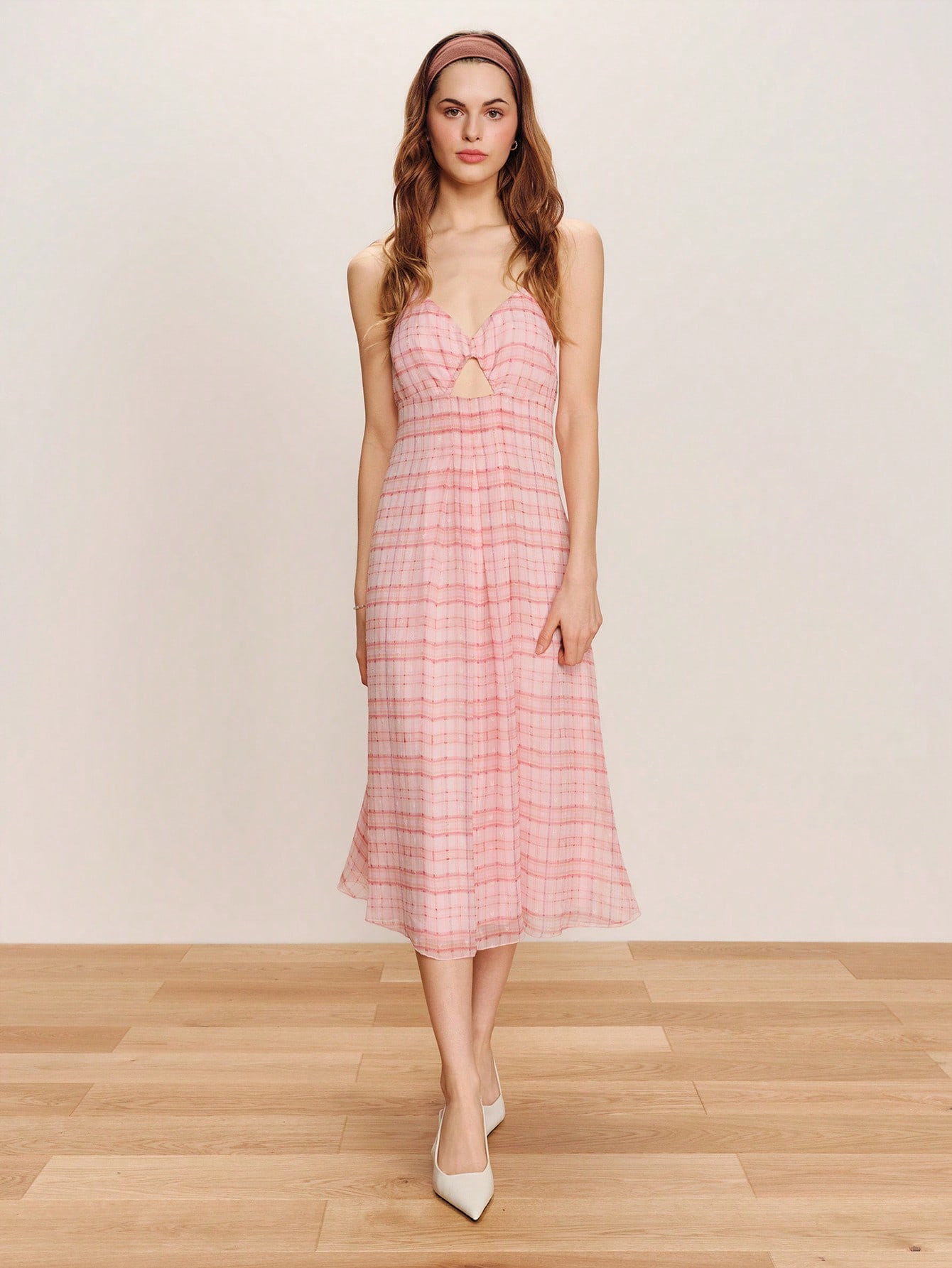 Pink Fitted Checked Midi Dress Crossed Back Straps, Cut Out Front Detail Cute Romantic Dress Spring Summer Holiday Dress Summer Dress French Style Parisian Style