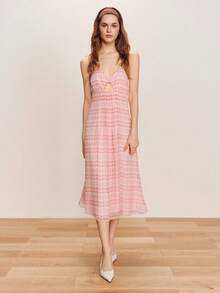 lacRébo 修身格纹中长连衣裙，交叉露背肩带，正面镂空设计，甜美浪漫，春夏款 - 粉色 - 查看 7