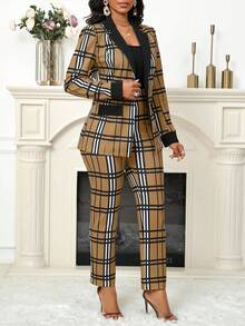 SHEIN Lady 大码格子印花拼接黑领女西装外套女裤秋冬日常工作聚会套装女两件套 - 咖啡棕 - 查看 4