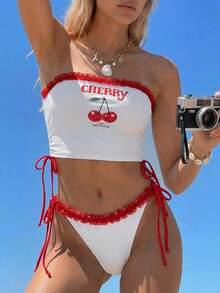 Swim SXY 女士吊带比基尼上衣，黄色、绿色，巴西国旗、牙买加国旗图案，沙滩度假派对装扮，性感蕾丝露脐上衣 - 彩色 - 查看 3