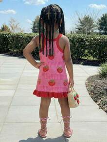 SHEIN 年轻女孩休闲度假钩针编织紫红色海星连衣裙 - 玫紅色 - 查看 2