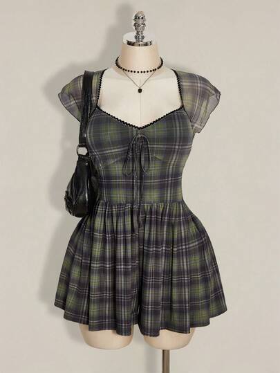 SHEIN ICON Plus Size Summer Casual Plaid Romper