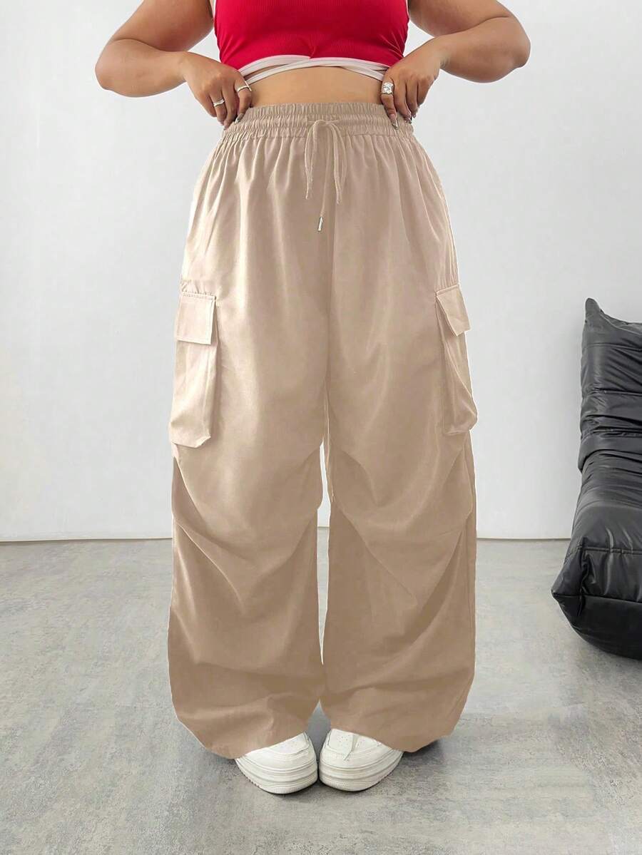 SHEIN Tall CURVE 大码女式休闲时尚街头风日常通勤简约百搭抽绳腰宽松阔腿工装裤 - 卡其色 - 查看 1