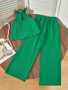 SHEIN Bộ đồ đi biển cơ bản cho bé gái: Áo yếm và quần lửng ống rộng họa tiết hoa dệt kim, 2 món. - màu xanh lá - Xem 2