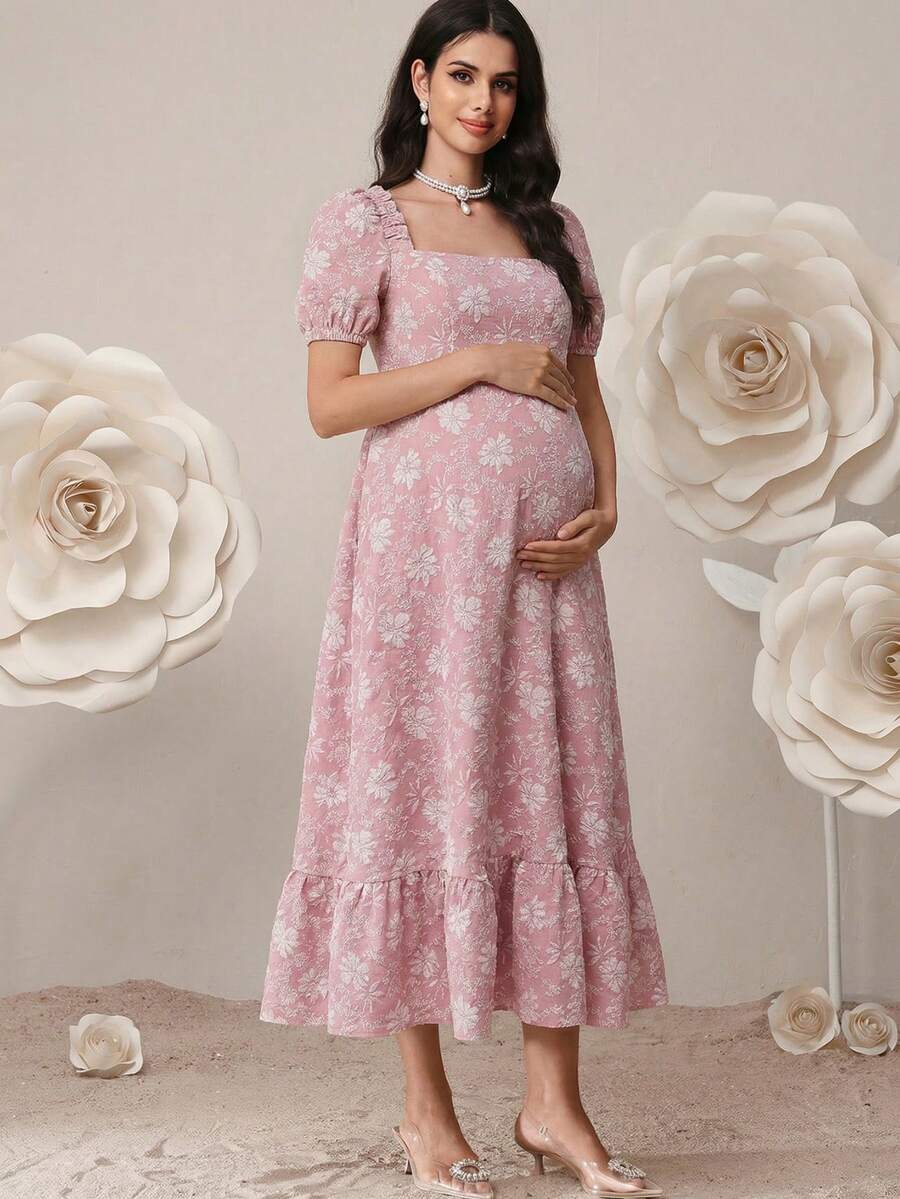 SHEIN Pregnant Women's Jacquard Pleated Fashionable Party Dress, Suitable For Summer - Dusty Pink - View 1